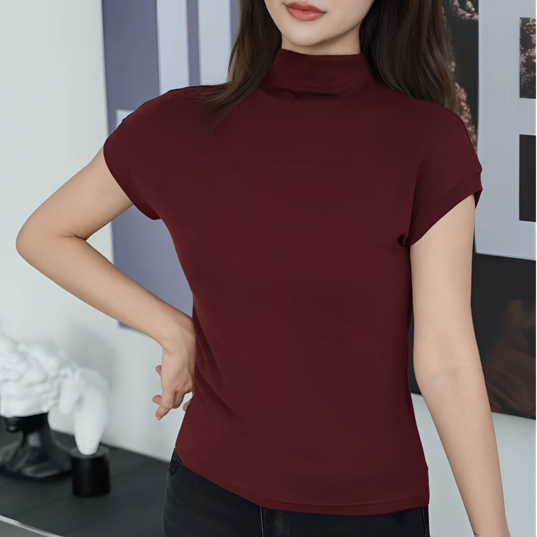 早秋棉质面料半高领短袖女士t恤修身显瘦上衣时尚百搭洋气打底衫