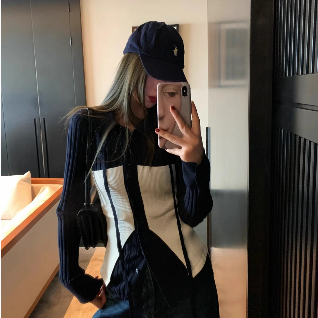 法式设计款修身撞色拼接针织上衣2025秋冬季收腰显瘦打底衫H5-74