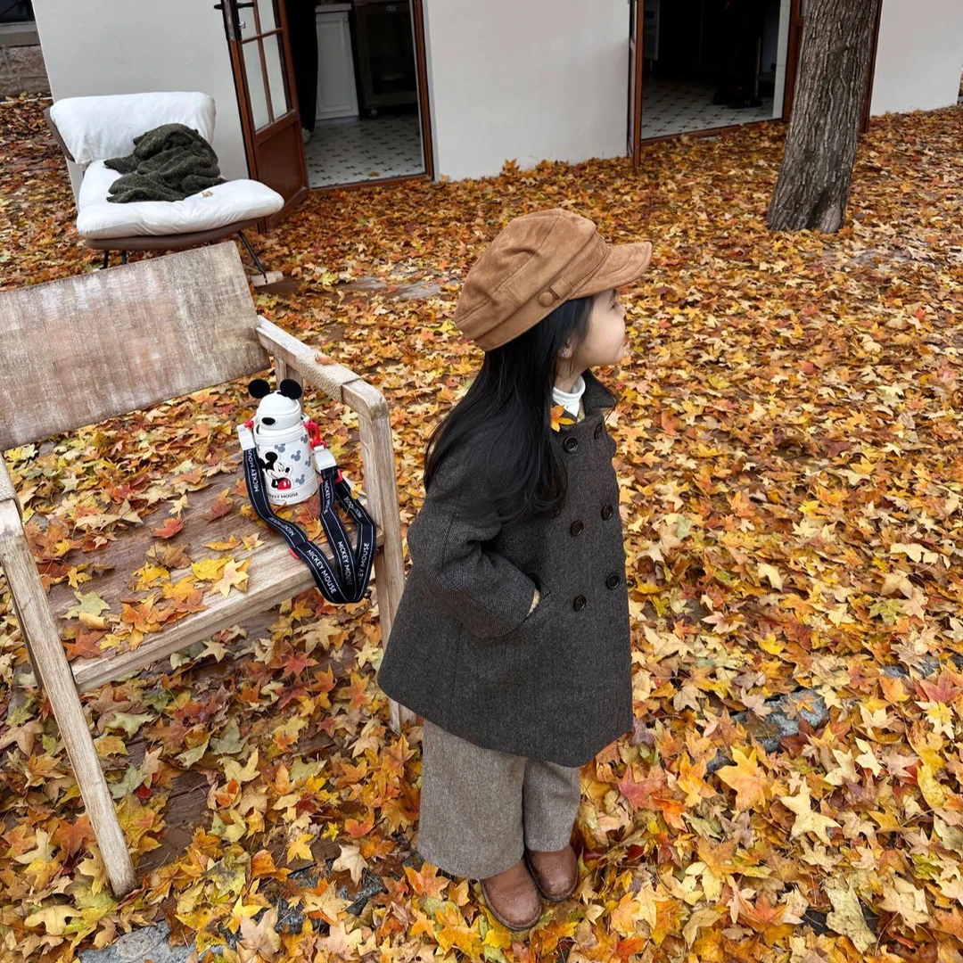 壹妈韩版童装女童大衣秋冬新款洋气儿童时髦中长款双排扣毛呢外套