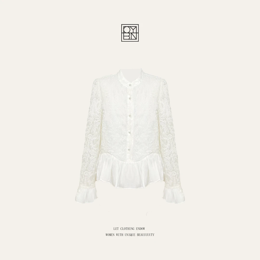OYBN欧阳贝妮【奥利小姐】微胖大码荷叶边收腰显瘦蕾丝衬衫上衣1692