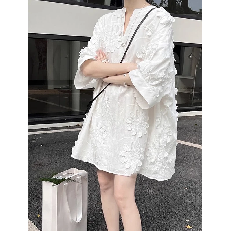 300斤大码法式立体花朵夏季五分袖衬衫男女中长款宽松廓形V领上衣