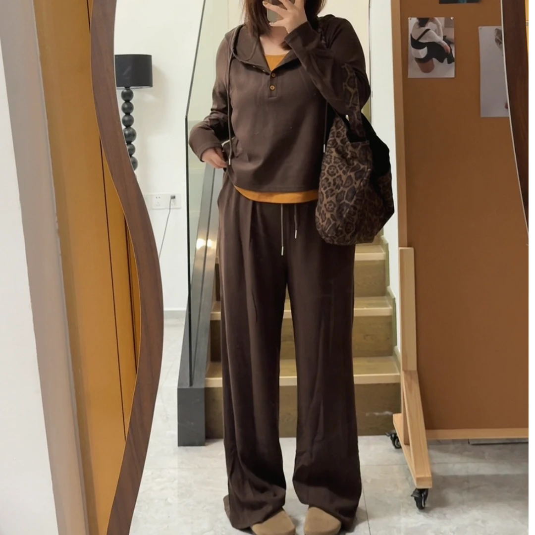 大码胖妹妹秋季新款显瘦韩系休闲撞色假两件连帽上衣阔腿裤套装