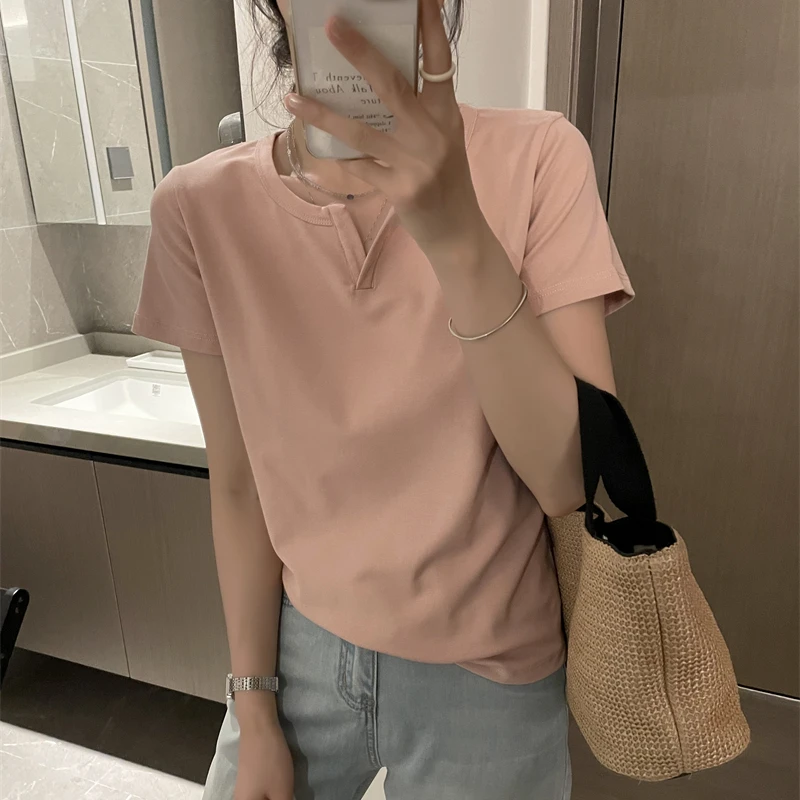 「赛罗棉 显瘦剪刀领」正肩T恤女 夏季韩版简约基础款百搭短袖T048