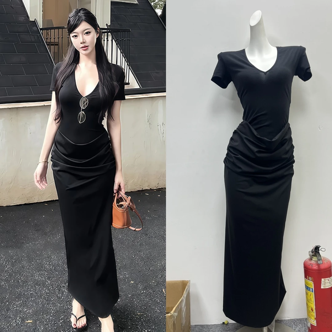 Ruanrui 舒适性感深V褶皱莱赛尔天丝简约弹力收腰显瘦长裙连衣裙