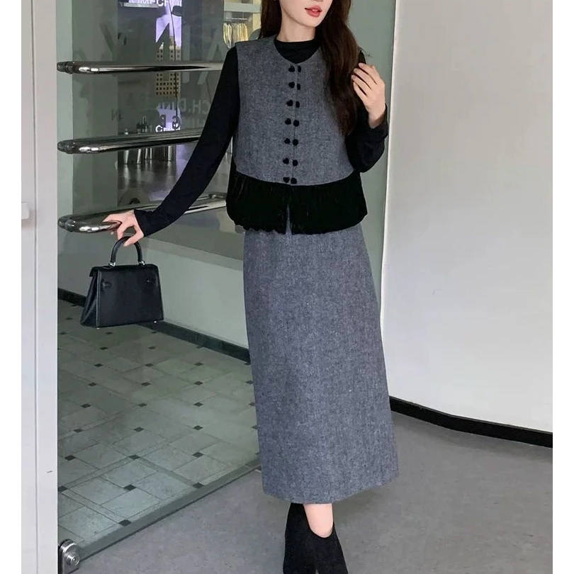 【苏苏精选】9161时尚套装女小香风马甲外套打底衫半身裙三件套