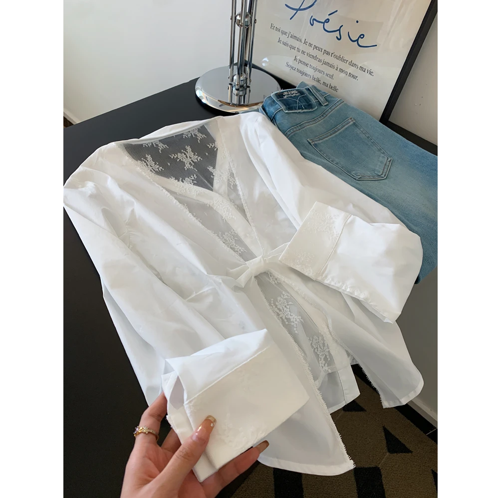 法式小众露背花边蕾丝拼接内搭白衬衫衬衣女士气质上衣轻奢高级感