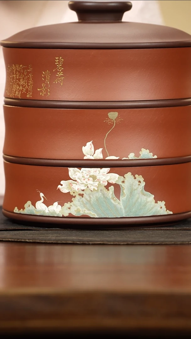 紫砂茶叶罐懂**恩朱泥泥绘荷花七饼罐