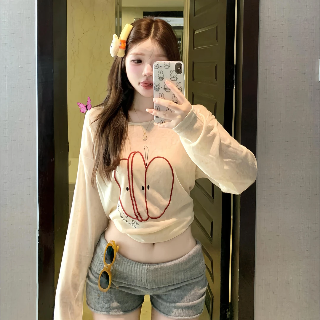 韩系慵懒趣味绳苹果印花长袖T恤宽松显瘦防晒罩衫设计感辣妹上衣
