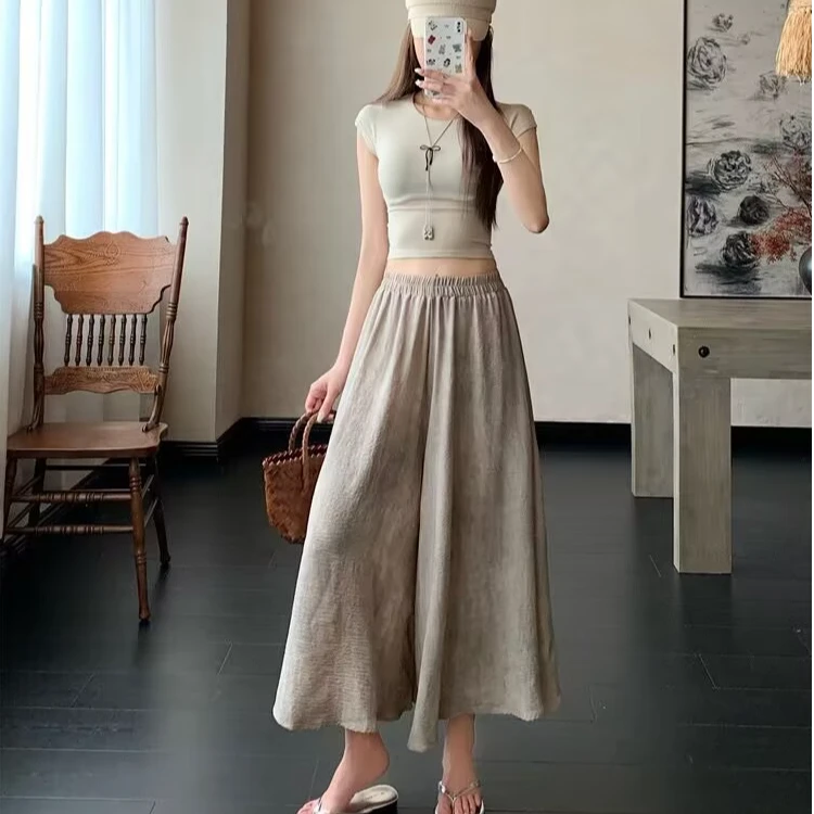大码冰丝薄款休闲裤女夏季九分直筒裤胖mm高腰显瘦阔腿山本裤裤裙