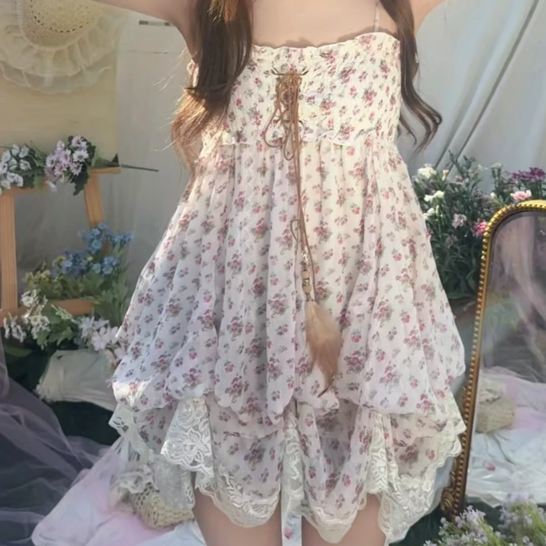 古着复刻夏季蕾丝显瘦吊带碎花苞裙甜美少女小众风