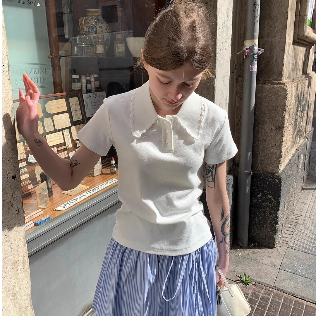 高端货~爱丽丝减龄少女感甜美花边拼接polo领修身短款清爽短袖T恤