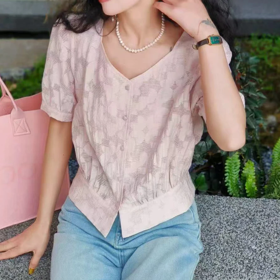 无印心匠A88022-2 通勤灯笼袖&V领短袖网纱蕾丝衬衫洋气时尚K113