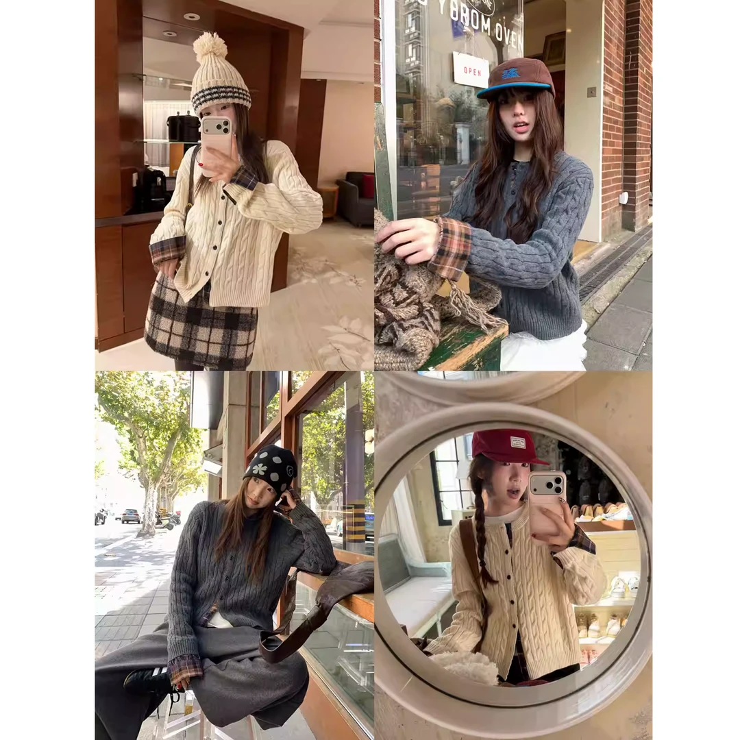 韩系设计时髦休闲显瘦百搭长袖针织衫秋冬格子拼接麻花毛衣593109