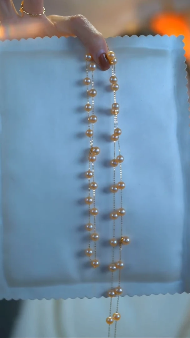 项链18K金镶嵌淡水珍珠55公分玫瑰金色满天星加粗黄金