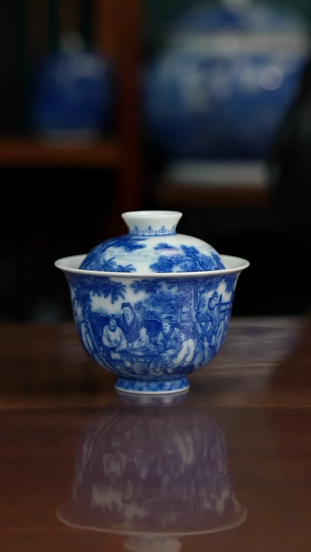 晓竹窑青花十八学士盖碗