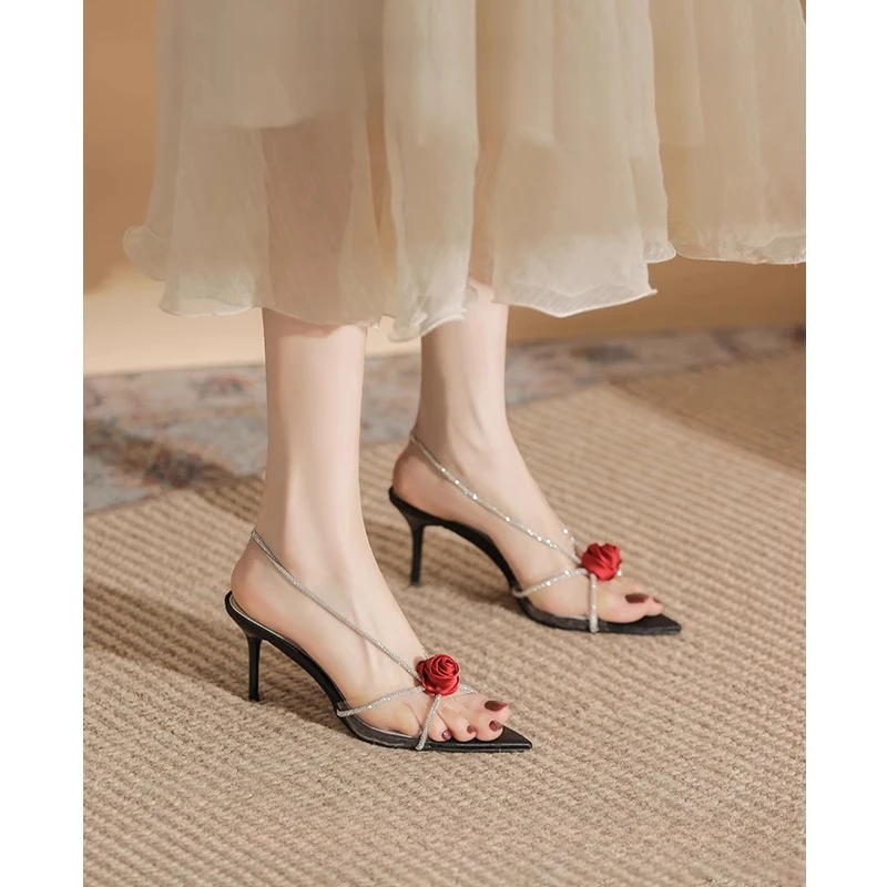 法式百搭水钻细带高跟凉鞋女夏季花朵尖头细跟高跟鞋凉拖鞋绝美