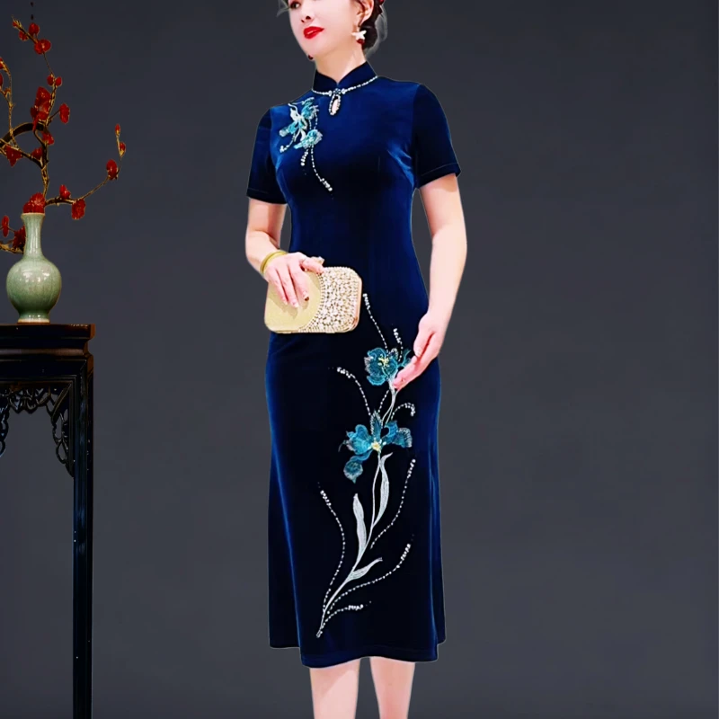 专柜新款高端妈妈装旗袍金丝绒中长款大码中年喜婆婆婚礼宴会礼服