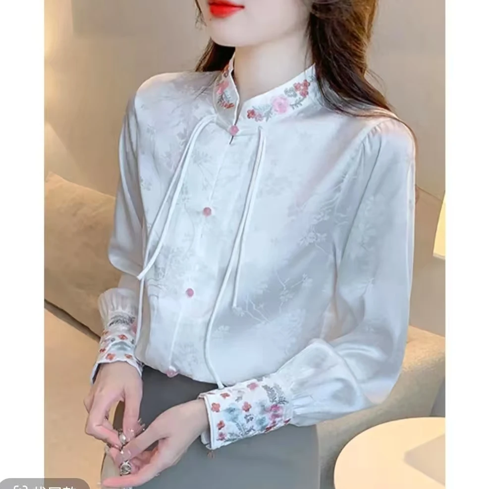 中国风显瘦长袖衬衫女春新中式复古刺绣盘扣立领气质上衣802长66