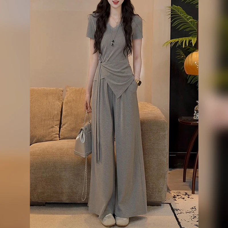 不规则高智感气质两件套2025夏季简约气质T恤上衣休闲裤时尚套装