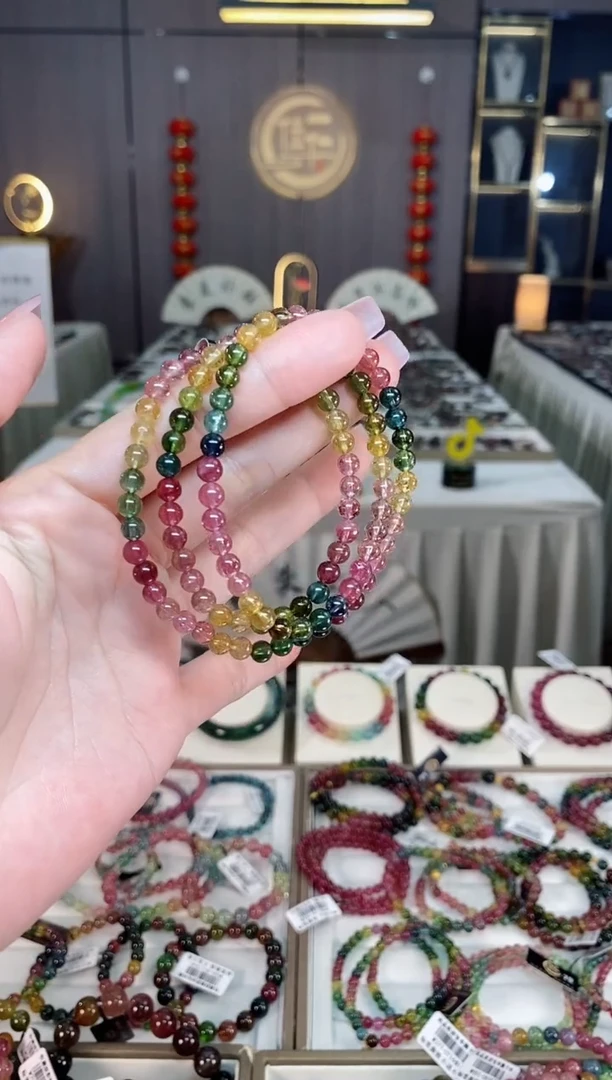 未镶嵌冰透体老矿碧玺彩虹三圈手串5mm+碧玺hon多样性发一条