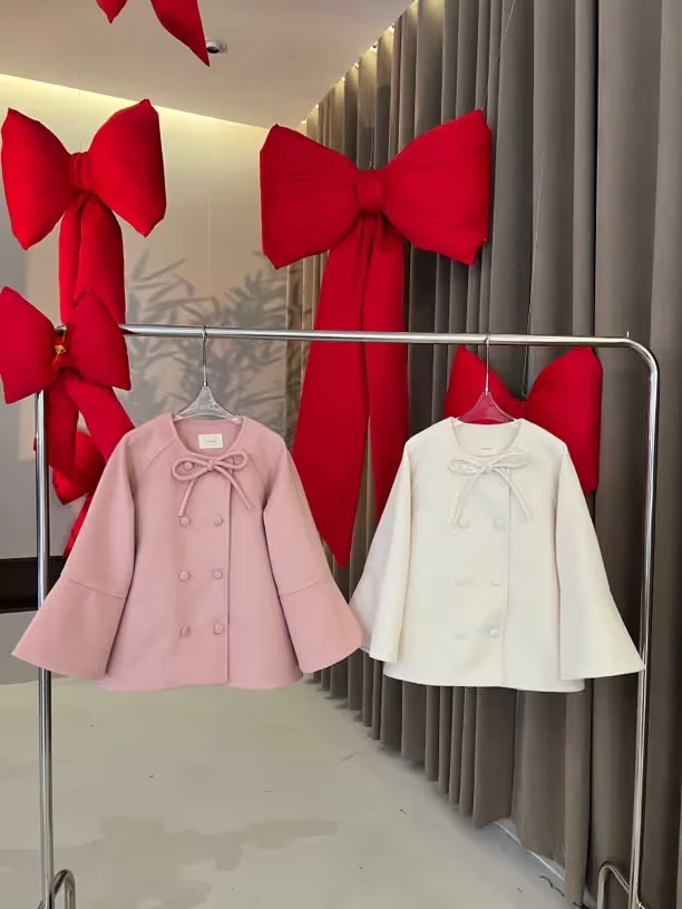 【中古山茶】76707 含羊毛小众减龄中长大衣蝴蝶结保暖毛呢外套