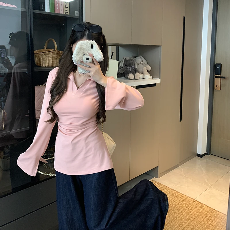 【早秋新品】大码女装胖mm法式别致V领T恤春装显瘦喇叭袖打底衫上衣