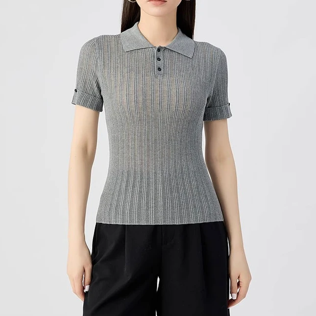 商场同款2025夏新款Polo领冰丝时尚镂空修身针织短袖T恤138024