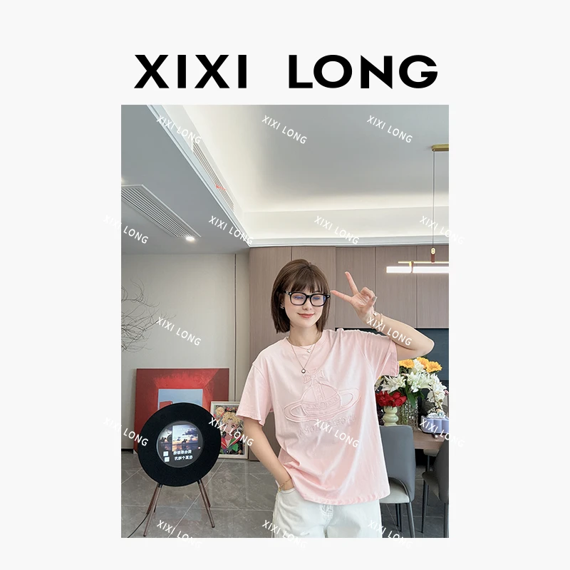 《大喜》·圆领简约粉色慵懒T恤女 3682