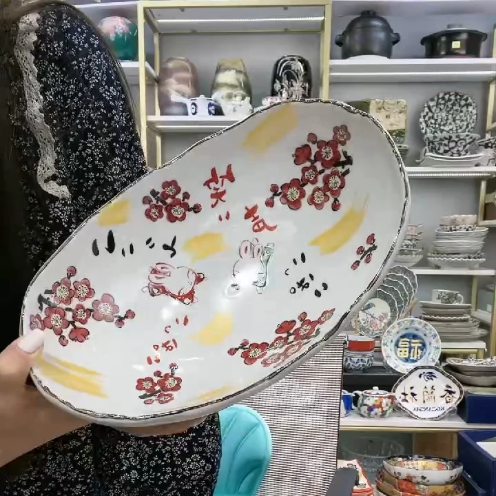 【单支】日本进口濑户烧夕立窑陶瓷椭圆钵26cm-福兔