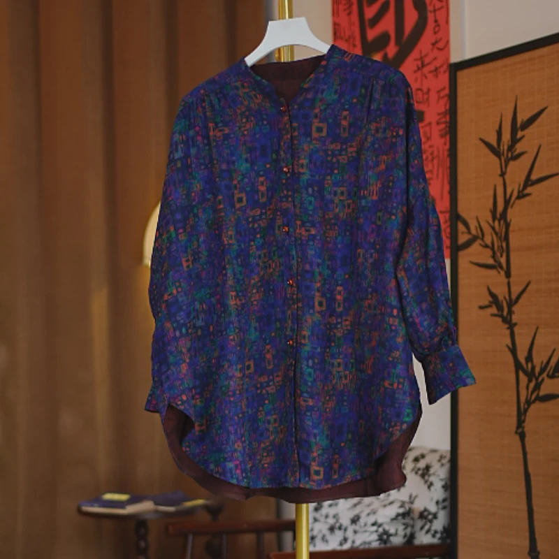 新中式国风宽松立领晕染提花落肩长袖衬衫上衣时尚气质