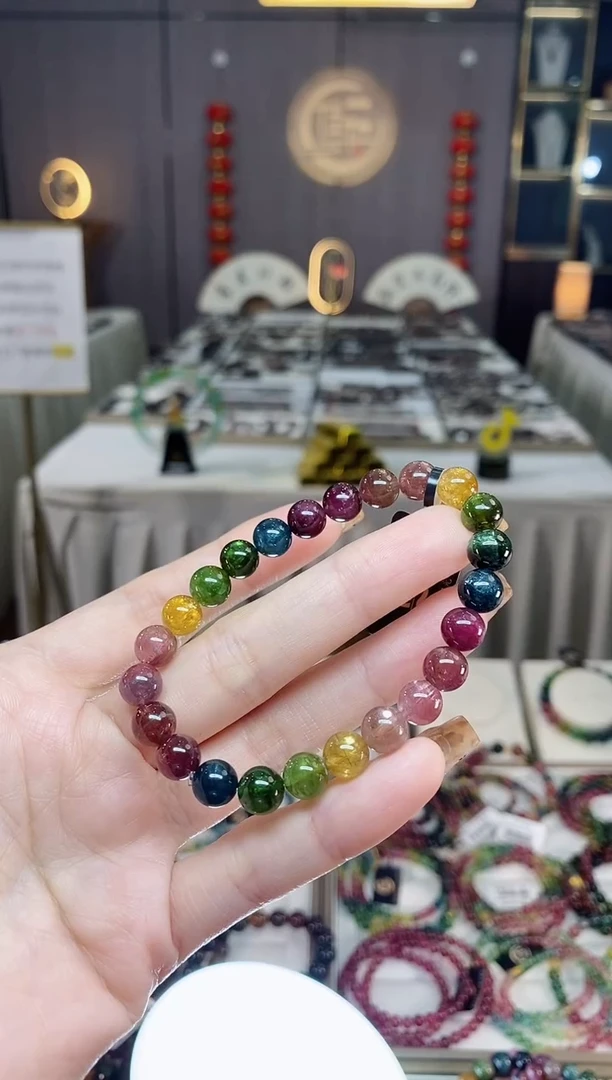 未镶嵌老矿碧玺色标彩虹单圈手串7mm+碧玺dan多样性发货一条