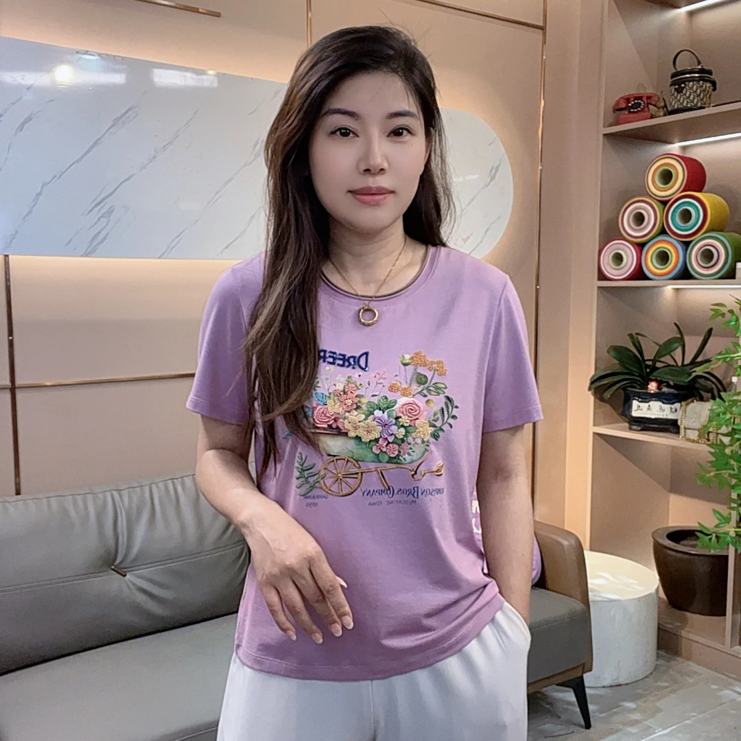 怡特美【花开富贵】夏季显瘦兰精莫代尔棉自然卷圆领短袖t恤259837