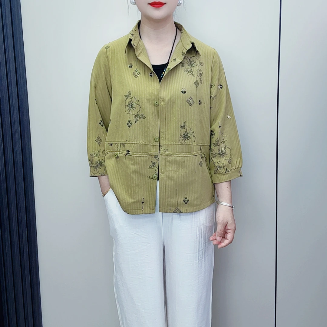 夏季新款妈妈装烫金大口袋开衫时尚宽松中年女装