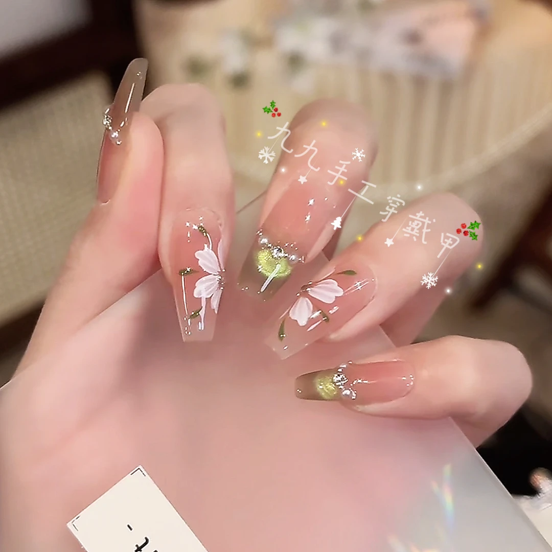 现货【绿精灵冰花】纯手工穿戴甲美甲贴穿戴光疗甲冰透渐变流行纯欲