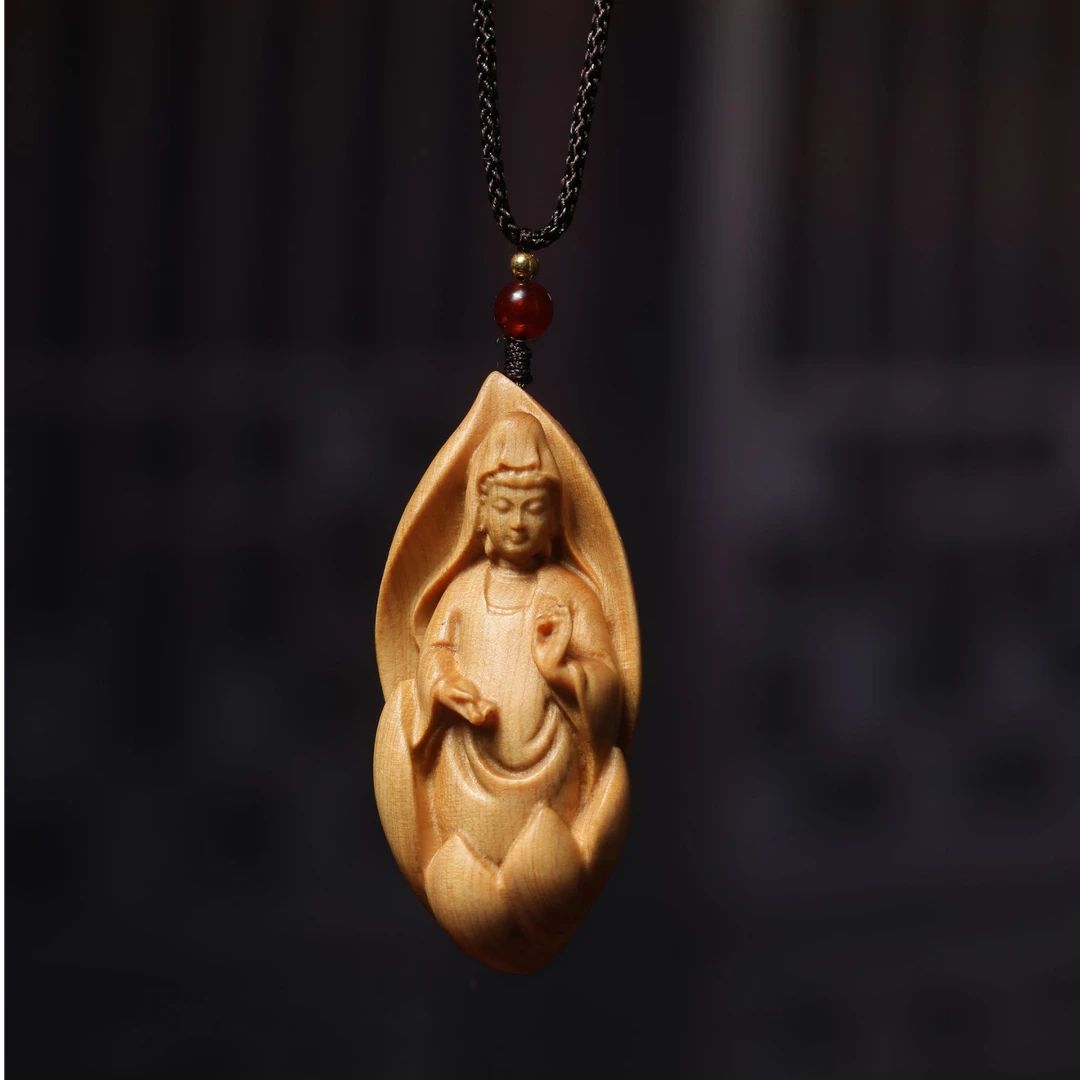太行崖柏木莲花观音精工雕刻观世音菩萨车挂饰品挂件赠送精美脖挂