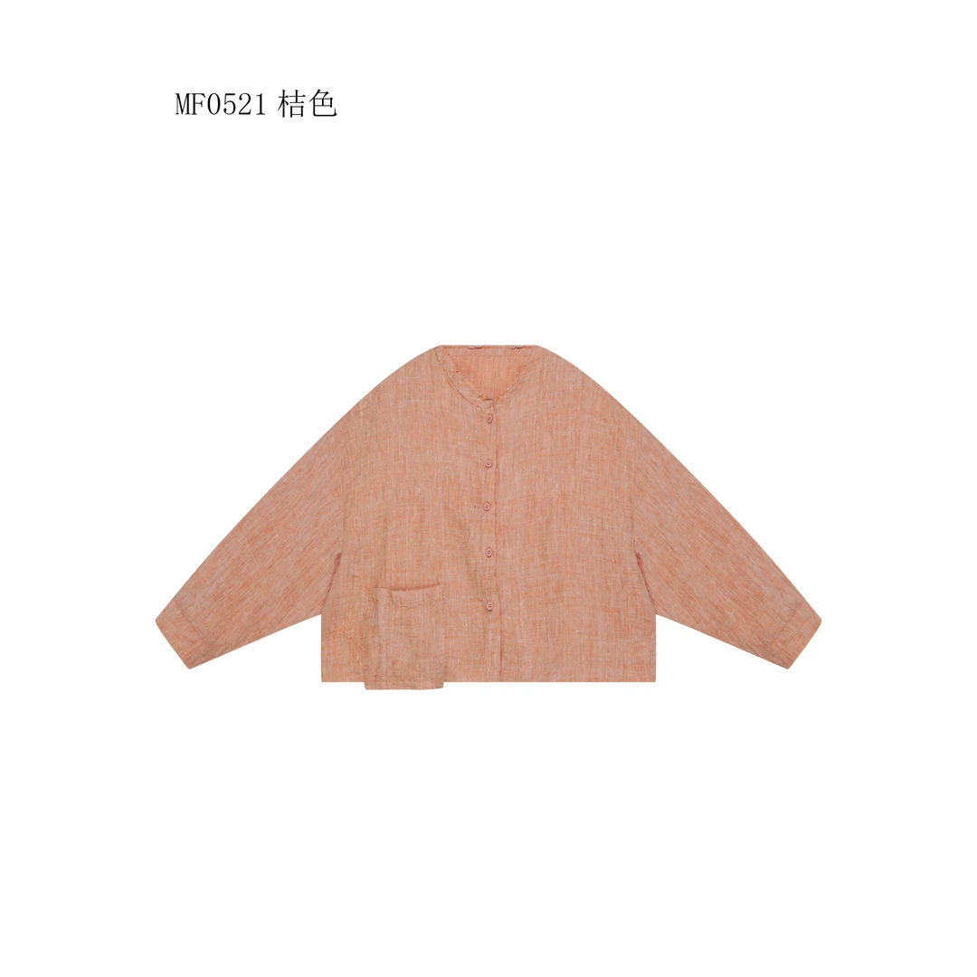 【麻訪家】MF0521桔色文艺简约大口袋百搭长袖开衫上衣