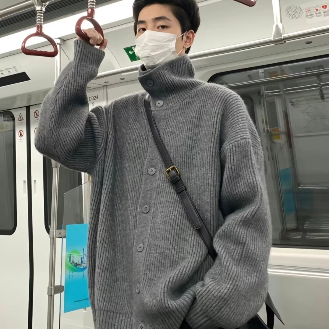 秋冬季新款开衫毛衣男生韩系时尚青年百搭休闲纯色慵懒风针织外套