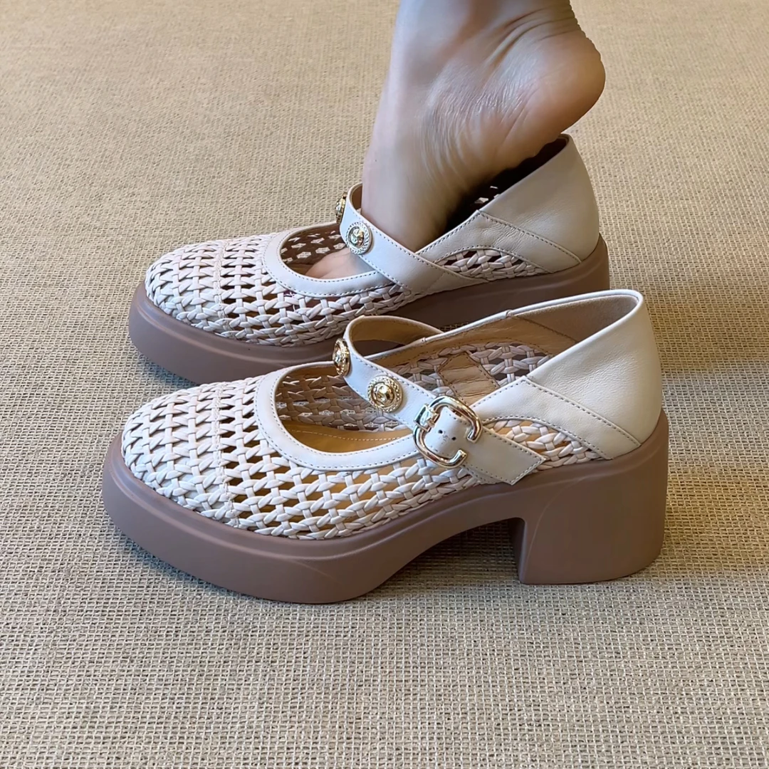 RubyL/7cm通勤休闲圆头编织镂空透气舒适百搭纯色粗跟中口单鞋