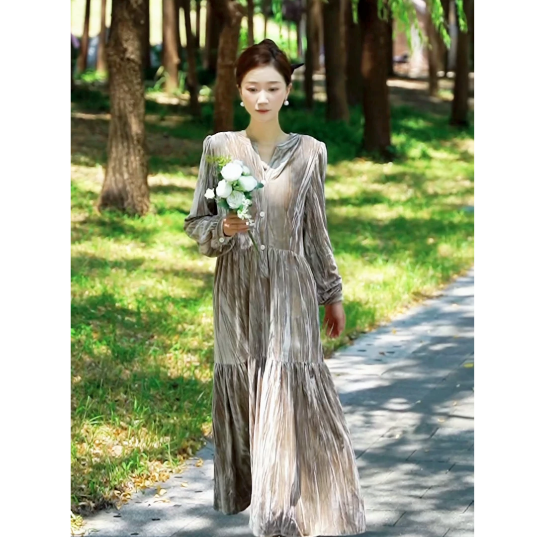 绿野仙踪秋优雅风法式聚会褶皱绒绒茶歇裙连衣裙女