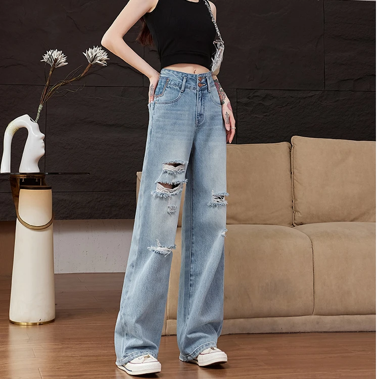 浅蓝色破洞垂感阔腿牛仔裤子女夏季2025新款两粒扣设计撞色拖地裤