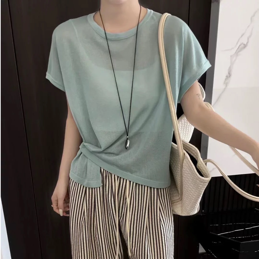 夏季新品！下摆开叉圆领套头纯色简约百搭短袖针织T恤衫 1068