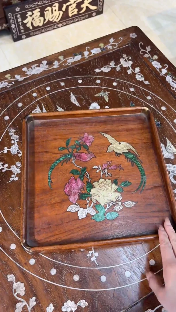 黄花梨木螺钿工艺茶盘