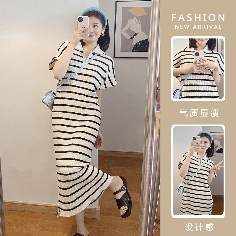 时髦孕妇装新款夏装2025新款时尚宽松翻领条纹针织中长气质连衣裙