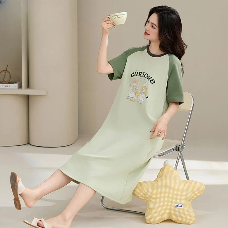 睡裙女夏季棉短袖中长款连衣裙休闲卡通睡衣女士家居服新款夏天