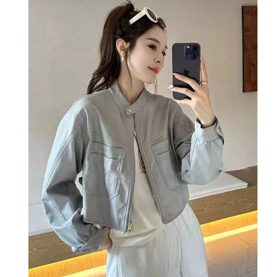 韩版气质短款机车小皮衣女2025春季新款时尚不规则圆领小个子外套