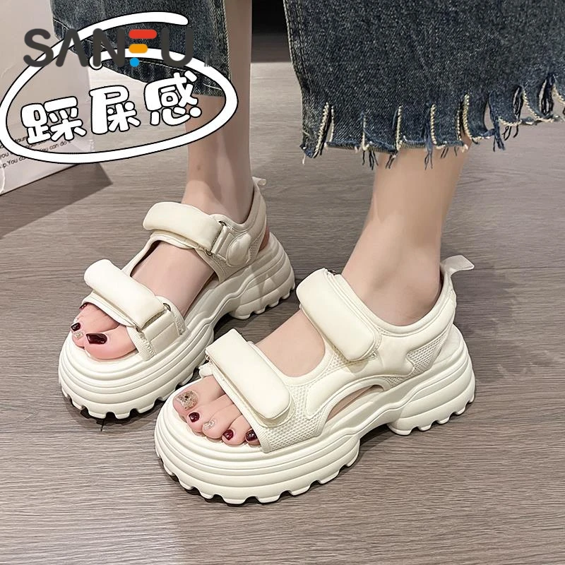 三福厚底凉鞋女2025夏季新款外穿魔术贴轻便休闲运动增高沙滩凉鞋