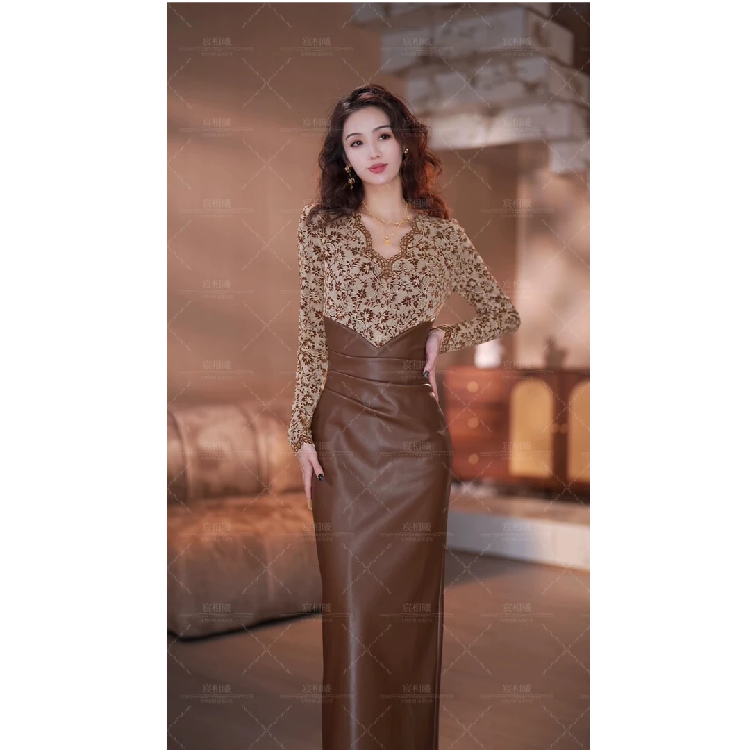 【宸相曦】漫棕皮率秋冬款假两件后开叉时尚显瘦连衣裙-YL50607