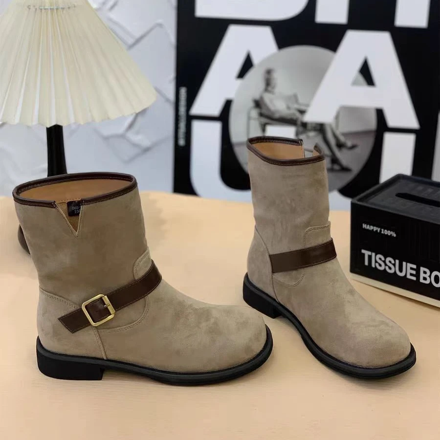 扣带96258马丁靴女2024秋冬牛仔靴复古粗跟机车短靴堆堆靴子