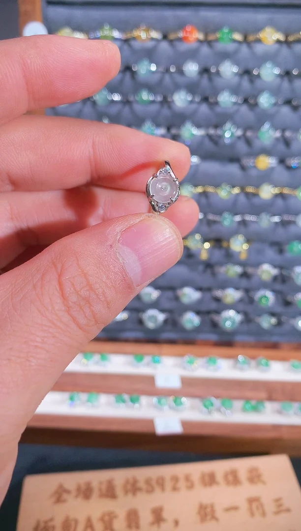 银S925镶嵌戒指翡翠S925银镶翡翠平安扣女饰品