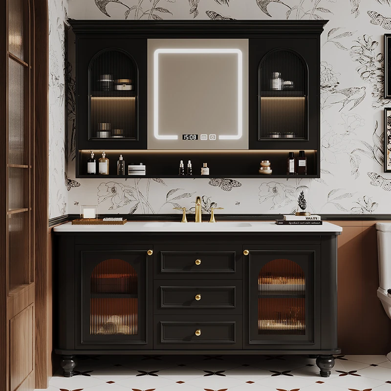 法式复古橡木浴室柜组合落地式卫生间洗漱台陶瓷洗手盆柜定制